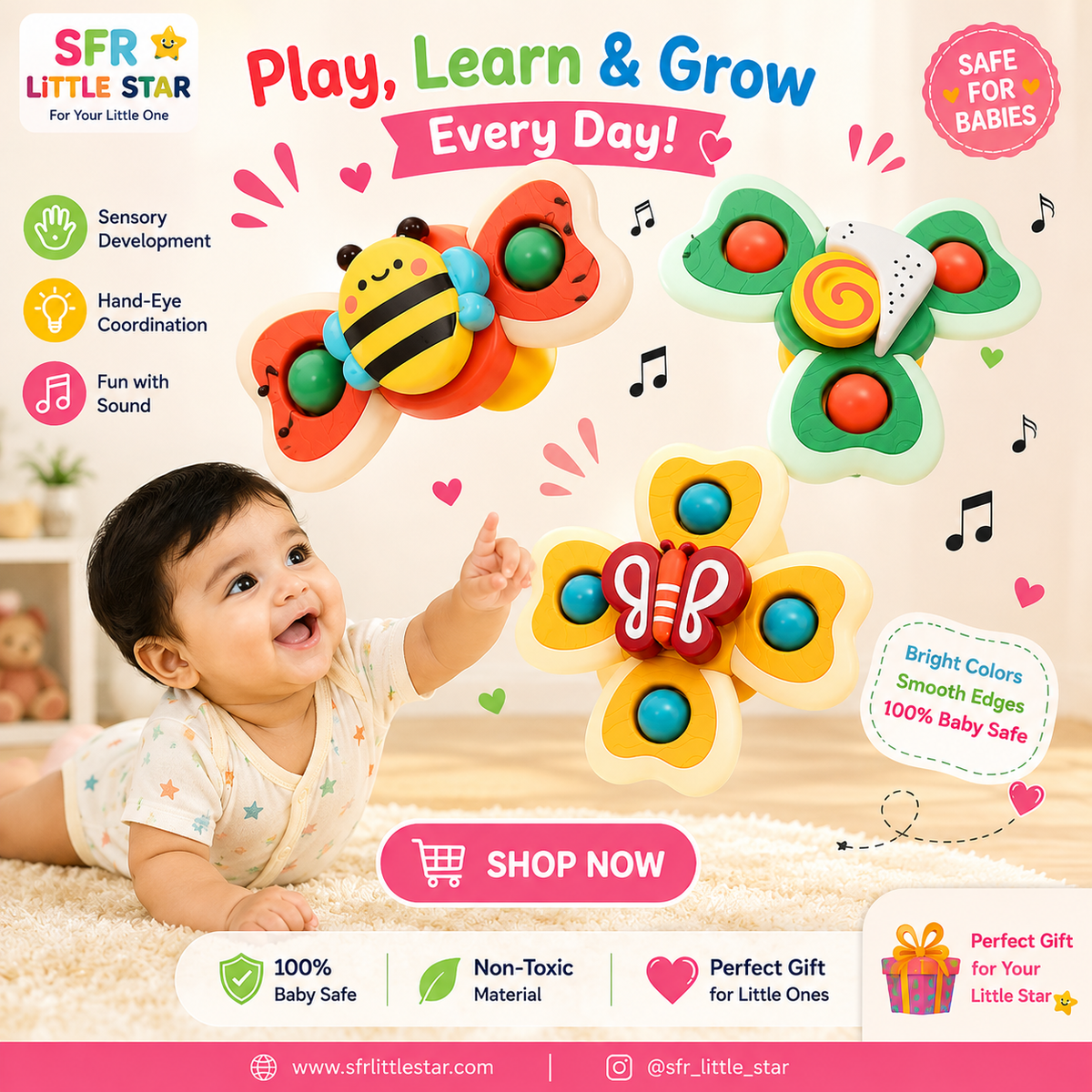 🤍 Tiny Twirls & Happy Smiles – Premium 3-Piece Baby Spinner Set